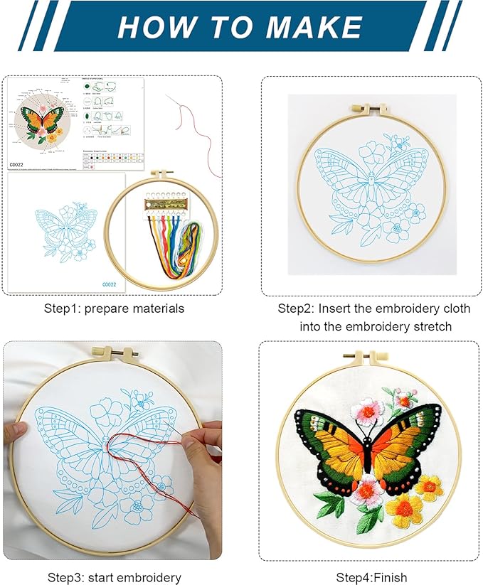 Zhenqing Butterfly Embroidery Kit 11.4x11.4 Inch - Complete Embroidery Set with Fabric, Threads, Needles & Hoop - Beginner-Friendly DIY Craft Kit for Adults (C0040)