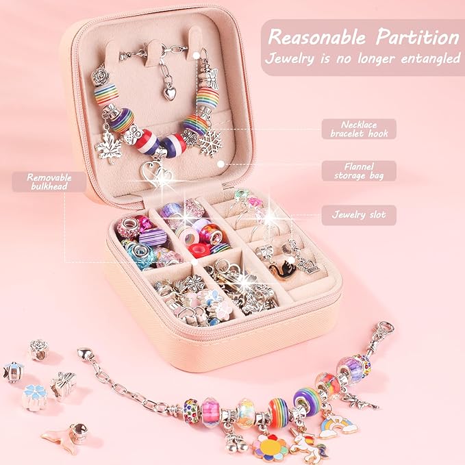 UFU Charm Bracelet Making Kit, 95Pcs Jewelry Making Kit Craft Gift for Girls 5 6 7 8-12, A Sweet Birthday Gift to Inspire Imagination & Creativity, with Portable Jewelry Box