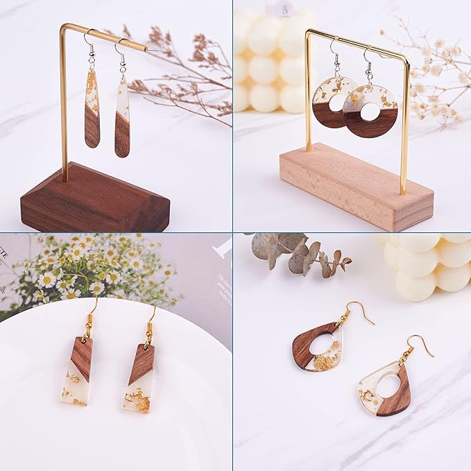 Beadthoven 60pcs Resin Wood Charms Earring Pendants Making Kit Gold Earring Charms DIY Boho Wood Blanks Rectangle Round Teardrop Geometry Resin Wooden Pieces for Jewelry Making with Earring Hooks