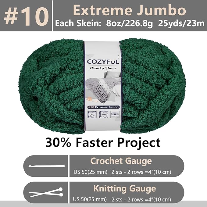 Chunky Yarn for Hand Knitting - #10 Chunky Chenille Yarn, Jumbo Big Thick Chunky Yarns for Crocheting, Super Bulky Chunky Knit Blanket Yarns, 8 Skein (25 yds 8 oz Each Skein), Forest Green