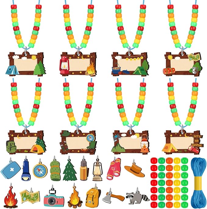 Ferreve 48 Sets Camping Bead Necklace Crafts Bulk Camping Name Tag Craft Kit Summer Camp Party Favors Travel Adventure Gifts for Vbs Supplies Home Party Activities