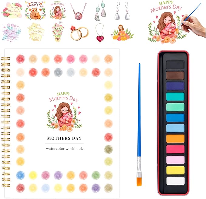 Mother's Day Watercolor Workbook for Adults, Beginner Friendly Watercolor Painting Kit Water Coloring Book, Nature-Themed Practice Art Gift Water Color Paint Book with Palette and Brush
