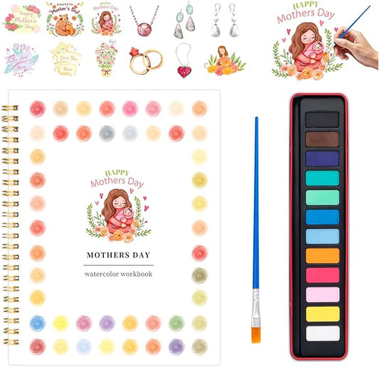 Mother's Day Watercolor Workbook for Adults, Beginner Friendly Watercolor Painting Kit Water Coloring Book, Nature-Themed Practice Art Gift Water Color Paint Book with Palette and Brush