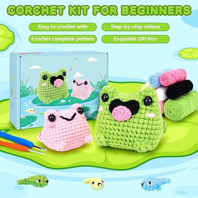 Crochet Kit for Beginners - Frog Family Crochet Kits with Step-by-Step Video Tutorials, Beginner Crochet Kit for Adults, 2 PCS Frogs and 3 PCS Tadpoles Crocheting Set