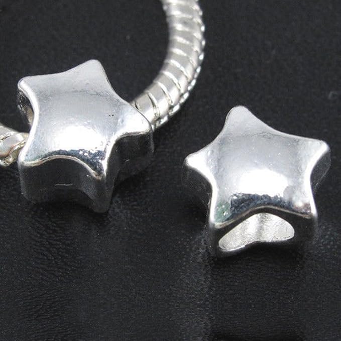 RUBYCA 50pcs Tibetan Silver Tone Spacer Beads Fit European Charms Bracelet Shiny Star Design