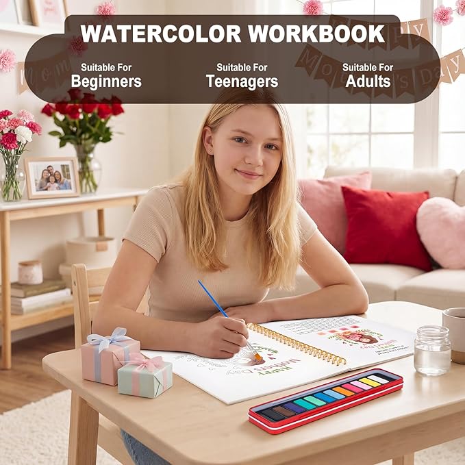 Metyond Mother's Day Watercolor Workbook for Adults - Watercolor Coloring Book with 1 Workbook 12 Colors Paint Set with Brush, Beginner Friendly Watercolor Workbooks Set Mother's Day Gift