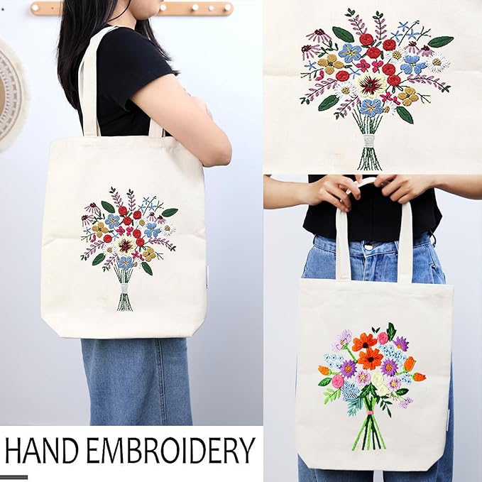CREAWONDER Canvas Tote Bag Embroidery Kit with Pattern for Beginners, Arts and DIY Embroidery Crafts Kits for Adults, Include Instructions, Thimble, Embroidery Hoops, Color Threads and Tool