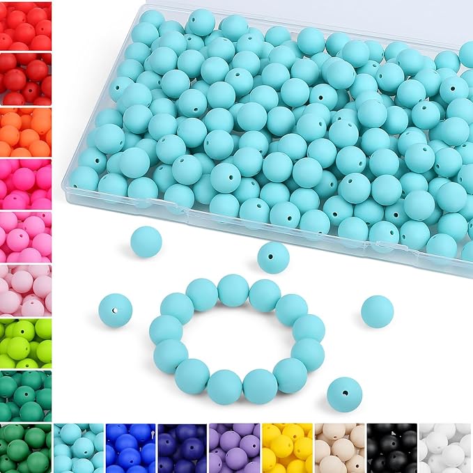 MAIBAOTA 120 Pcs Caribbean Blue Silicone Beads 15 mm Caribbean Blue Beads for Keychain/Pens/Bracelet/Necklace Making Round Silicone Beads Bulk for Craft Making（with Boxed Kits）