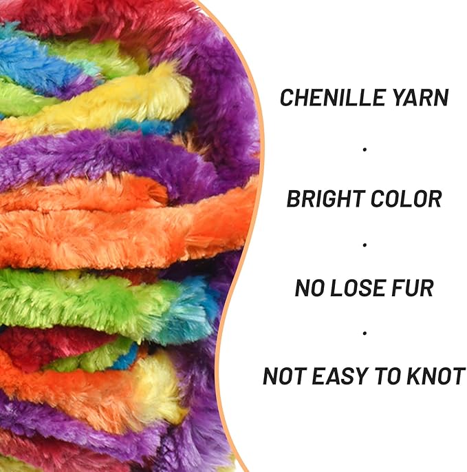Fuzzy Chunky Chenille Yarn for Crocheting，Soft Plush Yarns for Hand Knitting，Bulky 3x100 g（3x49.2 yd） Baby Blanket Yarn for Crocheting Amigurumi，Crochet Fluffy Velvet Yarns (Rainbow)