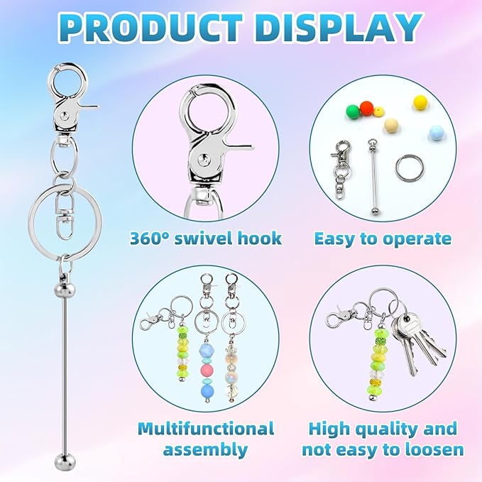 100 Pcs Beadable Keychains Bulk Kit – DIY Keychain Making Supplies with Metal Blanks for Crafts, Jewelry, Charms, Custom Projects – Blank Chain Bars for Beaded Keychain Design (Silver)