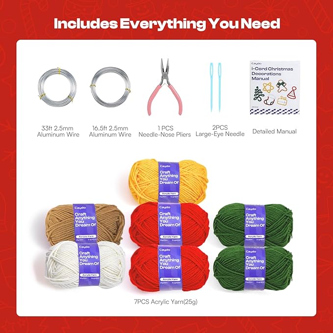 Caydo i Cord Christmas Decoration Making Kit with 24 Patterns, 7pcs Arcylic Yarns and 49ft Craft Wire Kits for Beginners, DIY Xmas iCord Handicraft Making Kit for iCord Knitting Machine(Not Included)