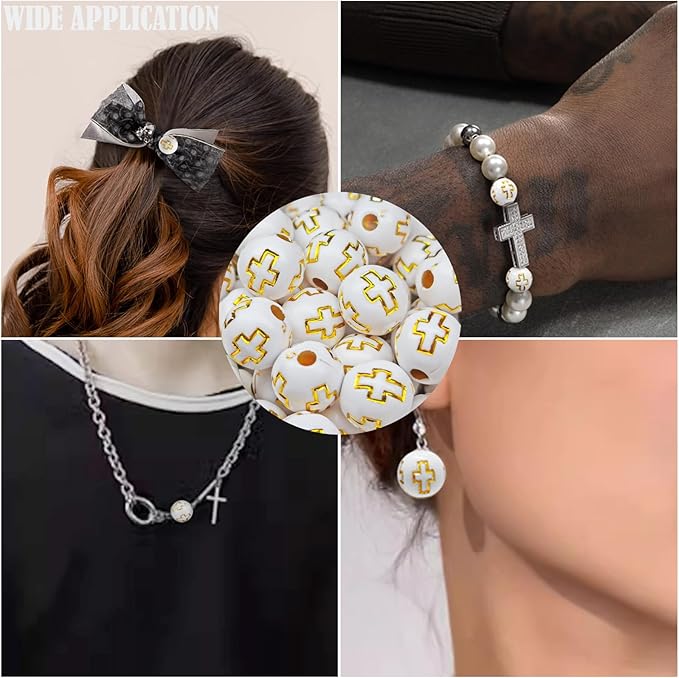 143 Pcs 10mm White Acrylic Cross Beads for Bracelet Making, DIY Christian Religious Rosary Beads with 2m Elastic String & 12-Section Storage Box, Jewelry Making Supplies for Men Women