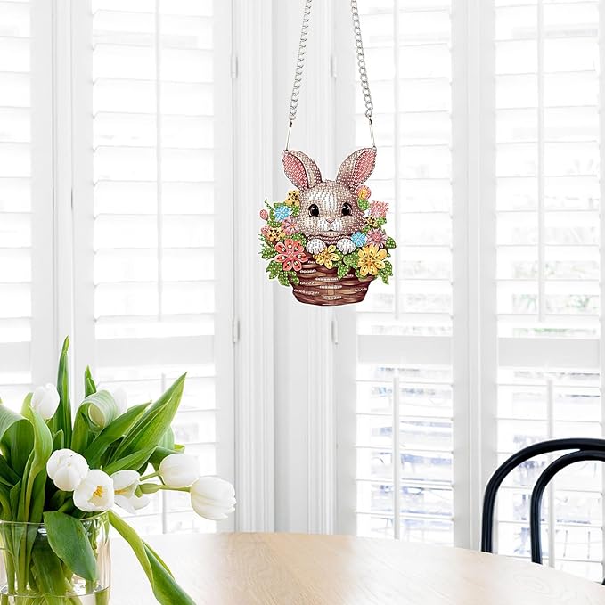 AiYuanzsh Rabbit Flower Basket Diamond Painting Hanging Kit, 5D DIY Acrylic Special Shaped Diamond Art Pendant Ornament with Chain for Wall, Door, or Garden Decor, Easter Diamond Art Kit for Adults