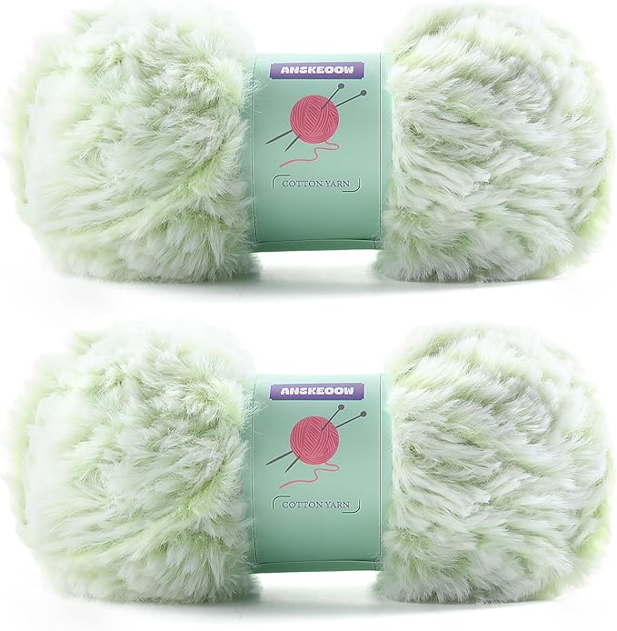 2 Skeins Faux Fur Yarn Soft Fluffy for Crocheting - Chunky Fuzzy Yarn for Crochet Amigurumi, Hat, Shawls, Total Length (71x2) Yards (Green and White)