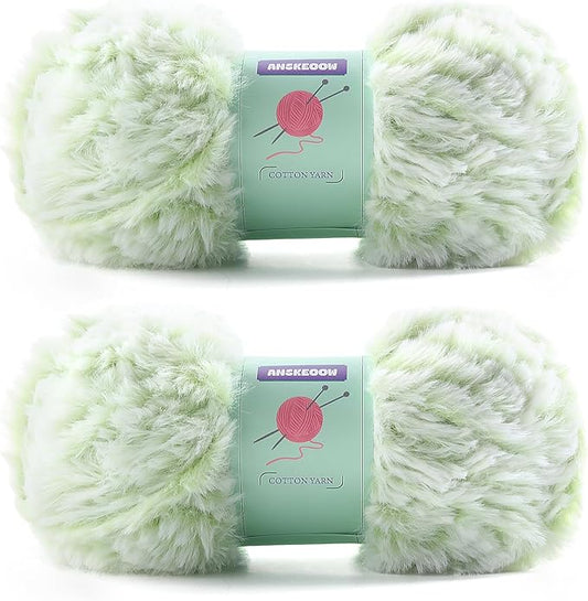 2 Skeins Faux Fur Yarn Soft Fluffy for Crocheting - Chunky Fuzzy Yarn for Crochet Amigurumi, Hat, Shawls, Total Length (71x2) Yards (Green and White)
