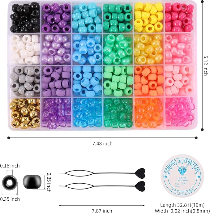 Miss Rabbit 24 Color Pony Beads for Jewelry Making, Hair Beads for Braids with Hair Beaders, Rainbow Kandi Bracelets Kit for Bracelet Making for Women DIY Crafts Friendship Bracelets Making Kit Gift