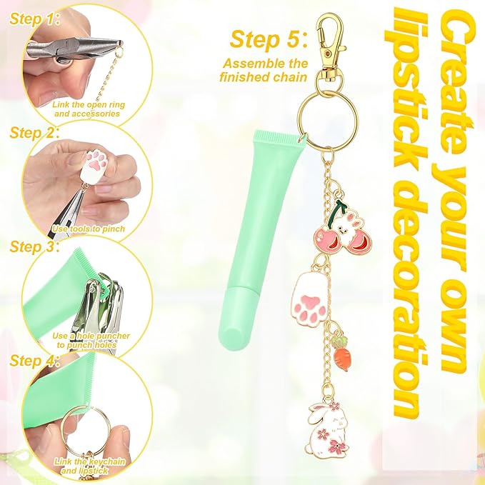 VioraWhite 213 Pcs Easter Theme Lip Gloss Keychain Making Kit 100 Pink Enamel Charms 32.81 ft Gold Chains for DIY Crafts Women