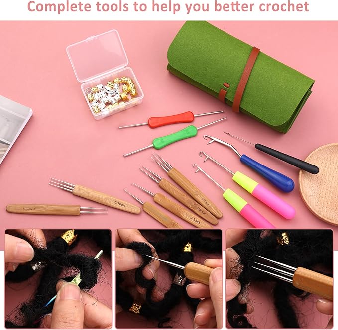Loc Crochet Needle, 48 Pcs Dreadlock Crochet Hook Tool, 6 Dreadlock Crochet Needle for Hair, Different Size Bent Latch Hook, Crochet Hooks for Hair Braiding with Case and Dreadlocks Tool (Green Bag)