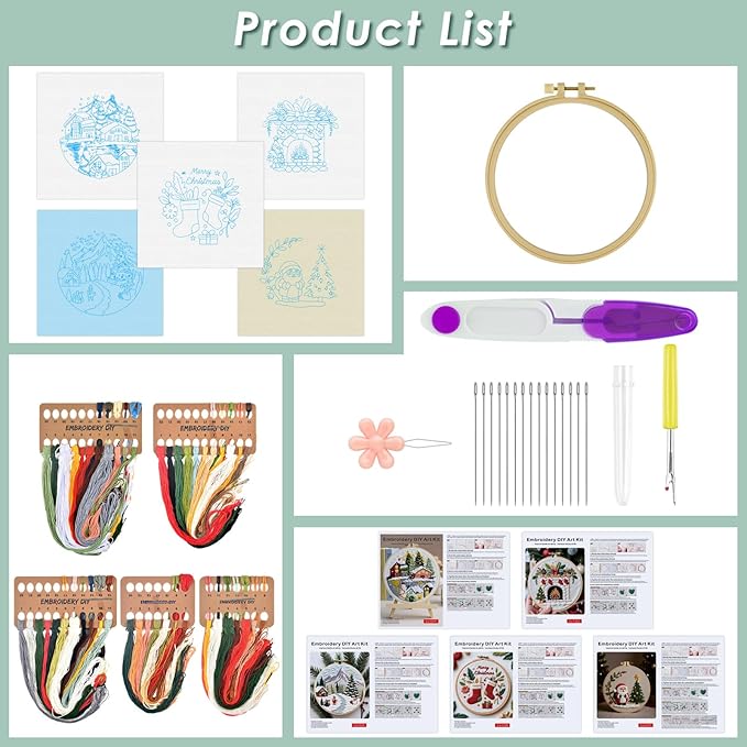 ERKOON Embroidery Kit for Beginners, 5 Sets Christmas Cross Stitch Set for Adults Include Embroidery Cloth Hoops Threads for Craft Lover Hand Stitch with Skill Techniques (Christmas#1)