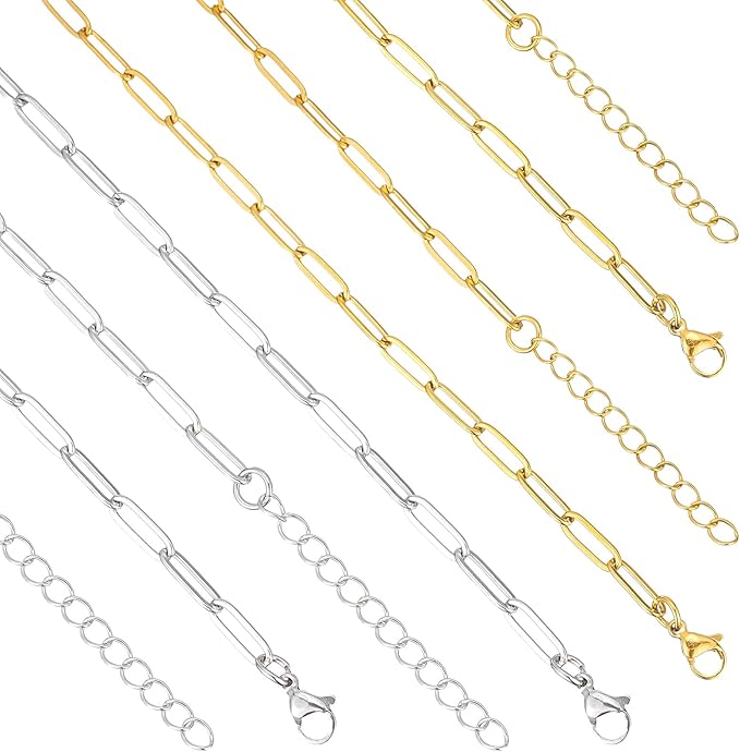 16 Pack Charm Bracelet Chain Bulk Gold Plated Stainless Steel Paperclip Chains Bracelets for DIY Jewelry Making