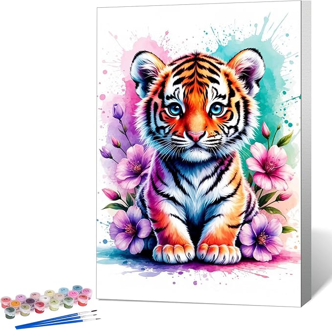 Okarina Framed Paint by Numbers Kit for Adults Beginner Tiger, Adult Paint by Number Kits on Canvas Framed Animal, DIY Acrylic Oil Painting by Numbers with Frame, Perfect for Home Decor 8 X 12 Inch