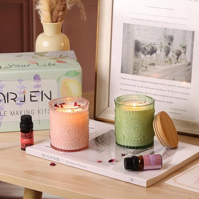 DARJEN Candle Making Kits for Adults- Soy Candle Making Supplies with 2 Candle Jars(Green, Pink), Wax, Scents, Card & More, DIY Starter Candle Making Kit, Full Set DIY Arts & Crafts Gift