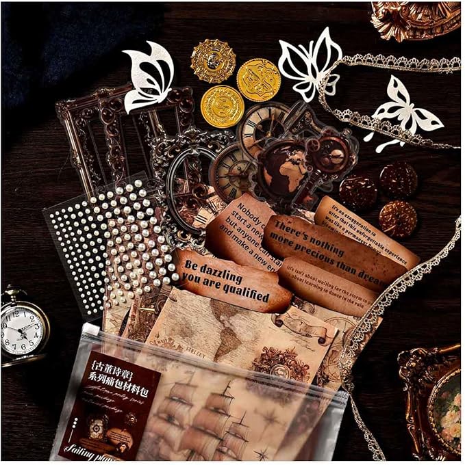 CraftBloom Sailing Scrapbook Kit 34Pcs, Vintage Nautical Junk Journal Supplies with Paper Ephemera, PET Stickers, Lace Trim, Pearl Stickers, Buttons & Gold Coins for Scrapbooking Journaling Collage