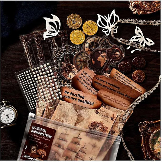 CraftBloom Sailing Scrapbook Kit 34Pcs, Vintage Nautical Junk Journal Supplies with Paper Ephemera, PET Stickers, Lace Trim, Pearl Stickers, Buttons & Gold Coins for Scrapbooking Journaling Collage