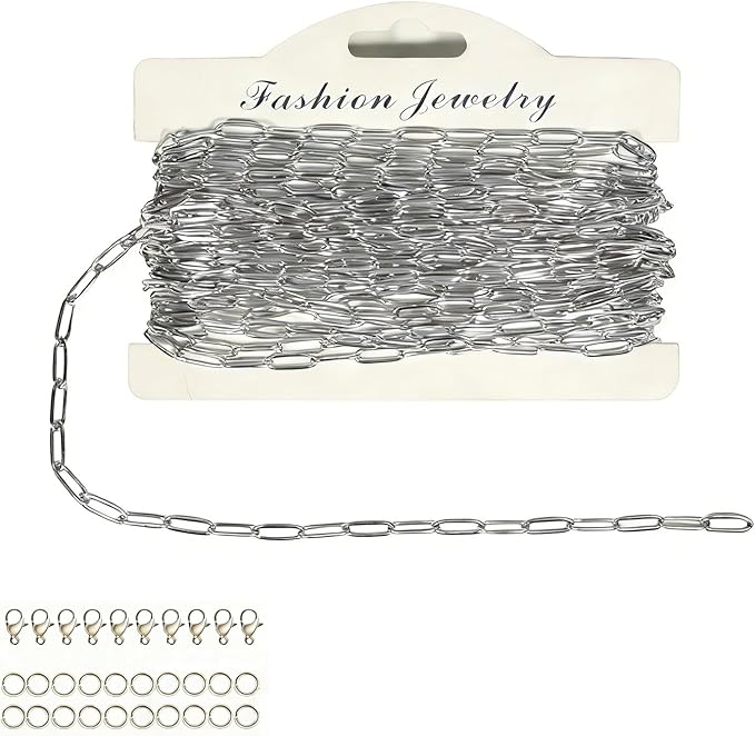 6M Silver PVD Plated Necklace Chain for Jewelry Making 304 Stainless Steel Paperclip Chain Roll with Lobster Clasps and Jump Rings for Men Women Making Jewelry Craft Support Jewelry Findings (Silver)