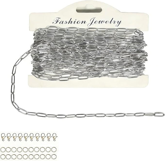 6M Silver PVD Plated Necklace Chain for Jewelry Making 304 Stainless Steel Paperclip Chain Roll with Lobster Clasps and Jump Rings for Men Women Making Jewelry Craft Support Jewelry Findings (Silver)