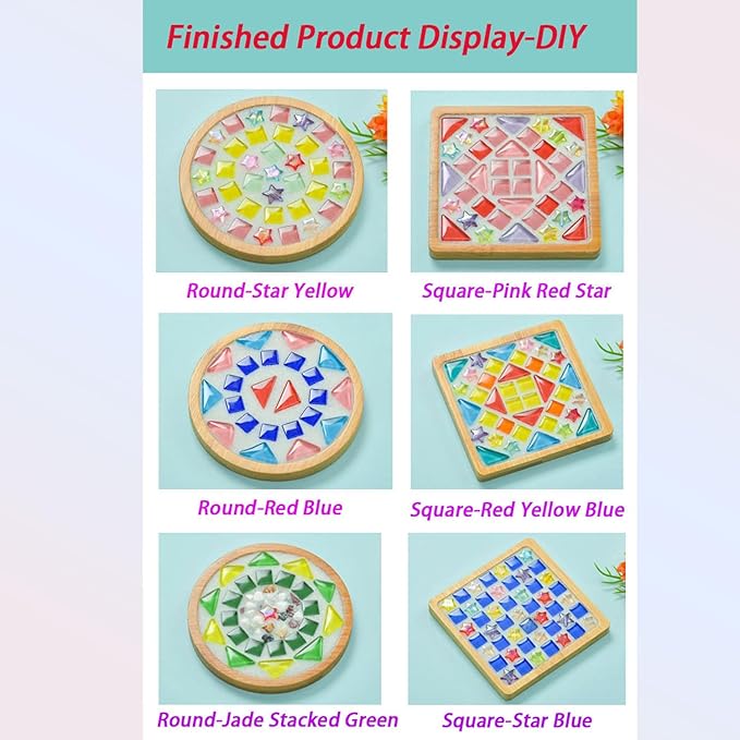 6 Sets DlY Mosaic Tiles for Crafts,Mixed Color Glass Mosaic Kits with Wooden Coaster for Adults,DlY Coasters Kit Mosaic Supplies for Handmade Home Decoration Gift (Square and Round)