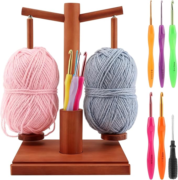 Wooden Yarn Holder - 9PCS Crochet Hooks, Magnetic 2-Spindle Spinner for Crocheting & Knitting | with Phone Stand & Hook Storage | Yarn Enthusiasts' Choice