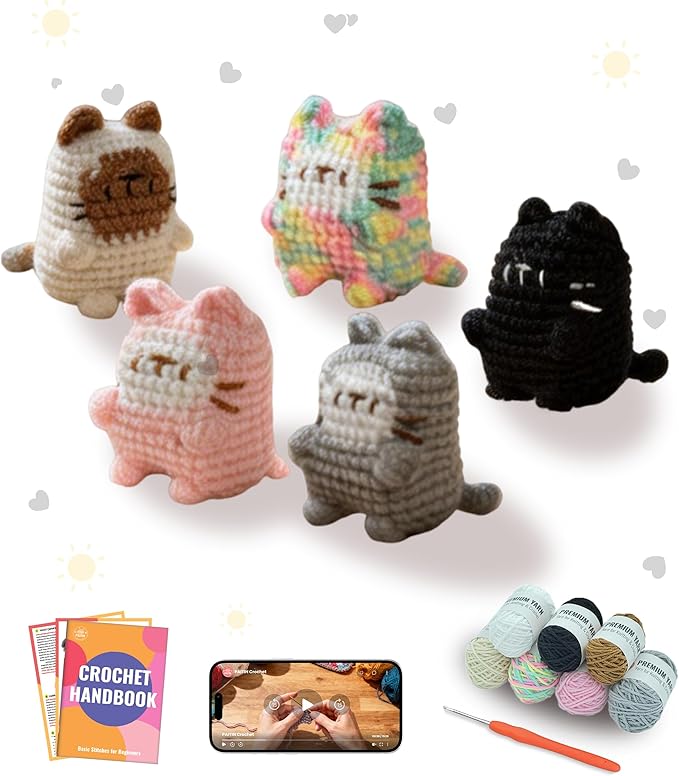 PAITIN Crochet Kit for Beginners – DIY Cat Amigurumi Crochet Kit, Easy Crochet Kits with Step-by-Step Video Tutorial and Beginner Handbook
