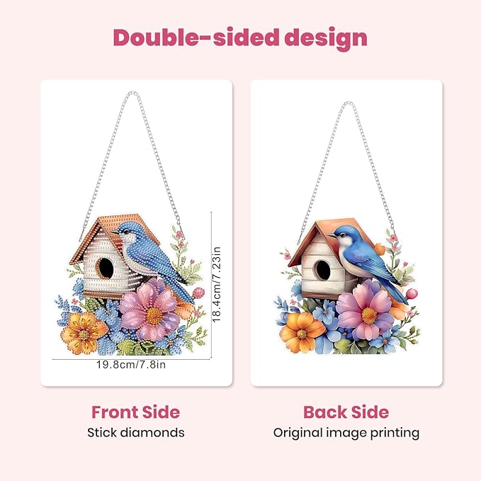 MXJSUA Birdhouse Flowers Special Shaped Hanging Diamond Painting Art Kits for Adults, Crystal Rhinestone Acrylic Gem Art Pendant Ornaments Kit for Home Decoration and Gift