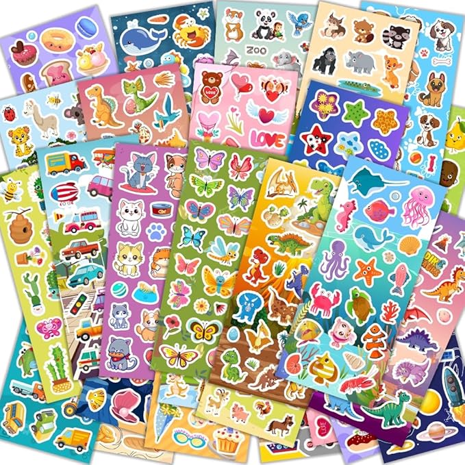 24 sheets stickers for kids & toddlers, cute kids stickers variety pack for scrapbooking, teachers classroom prizes, goodie bag stuffers including animals, cars, dinosaurs, fishes, hearts and more