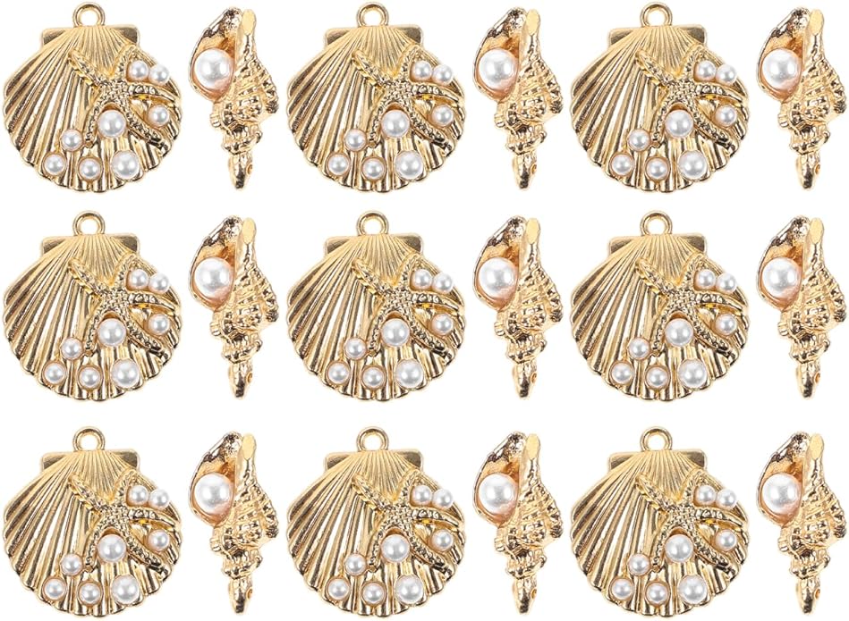 TEHAUX 20Pcs Gold Shell Charms for Jewelry Making, Enamel Alloy Conch Shell and Seashell Charms with Faux Pearl, Ocean Beads Pendants for DIY Necklaces Bracelets (Light Gold)