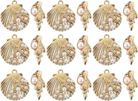TEHAUX 20Pcs Gold Shell Charms for Jewelry Making, Enamel Alloy Conch Shell and Seashell Charms with Faux Pearl, Ocean Beads Pendants for DIY Necklaces Bracelets (Light Gold)