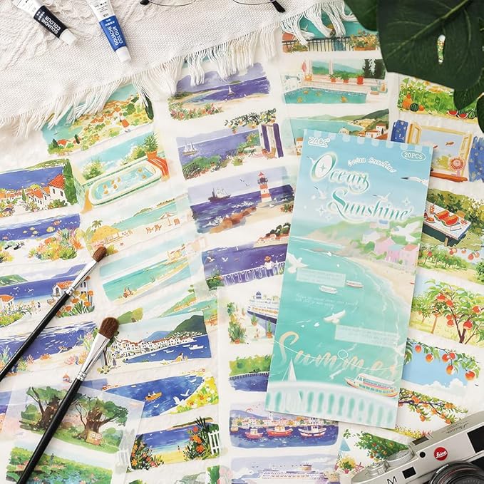 20 Sheets Diecut Summer Scenery Scrapbook Sticker Book for Scrapbooking, Dual Materials - PET and Washi Stickers for Journaling, Junk Journal Supplies, Collage, 4.5X 9.8 Inches