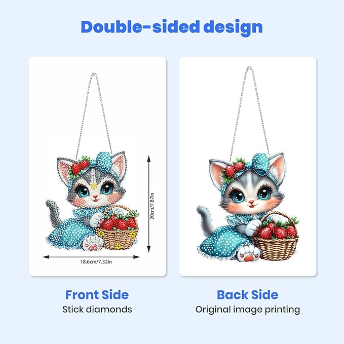 MXJSUA Cat Strawberry Diamond Art Hanging Kits for Adults Beginners, DIY Acrylic Special Shaped Crystal Diamond Gem Drills Pendant Art Painting Ornament for Home Wall Decor Gift 8x8 inch