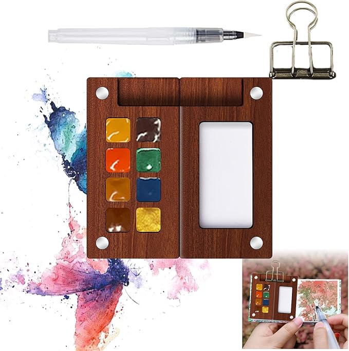 Mini Paint Palette Travel kit - Mini Watercolor Palette Set, Pocket Artist Water Color travel Set with Colours, Binder Clips, Watercolor Pens, Wooden Paint Box for Painters Artists Students