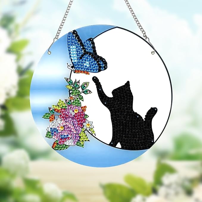 AiYuanzsh Diamond Painting Hanging Pendant Kit for Adults, Crystal Rhinestone Cat & Butterfly Diamond Art Suncatcher Ornament for Door, Wall, Window, Home Decor