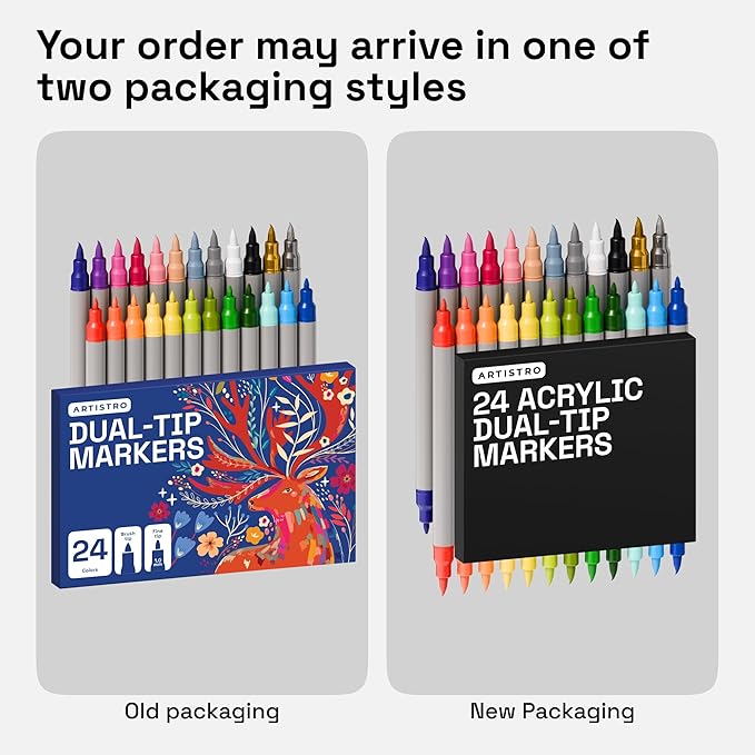 ARTISTRO 24 Acrylic Paint Markers - Paint Pens for Drawing, Brush + Fine Tips - For Fabric, Rock, Glass, Wood, DIY, Eggs - Art & Craft Supplies for Adults, Teens, Kids - Easter Basket Stuffers