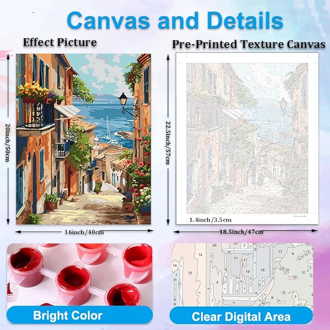 Artunion Europe City Street Paint by Numbers Kit for Adults,Seaside Town Paint by Number Kits, DIY Oil Painting Paint by Number Kits on Canvas Arts Craft for Home Wall Decor 16x20 Inch
