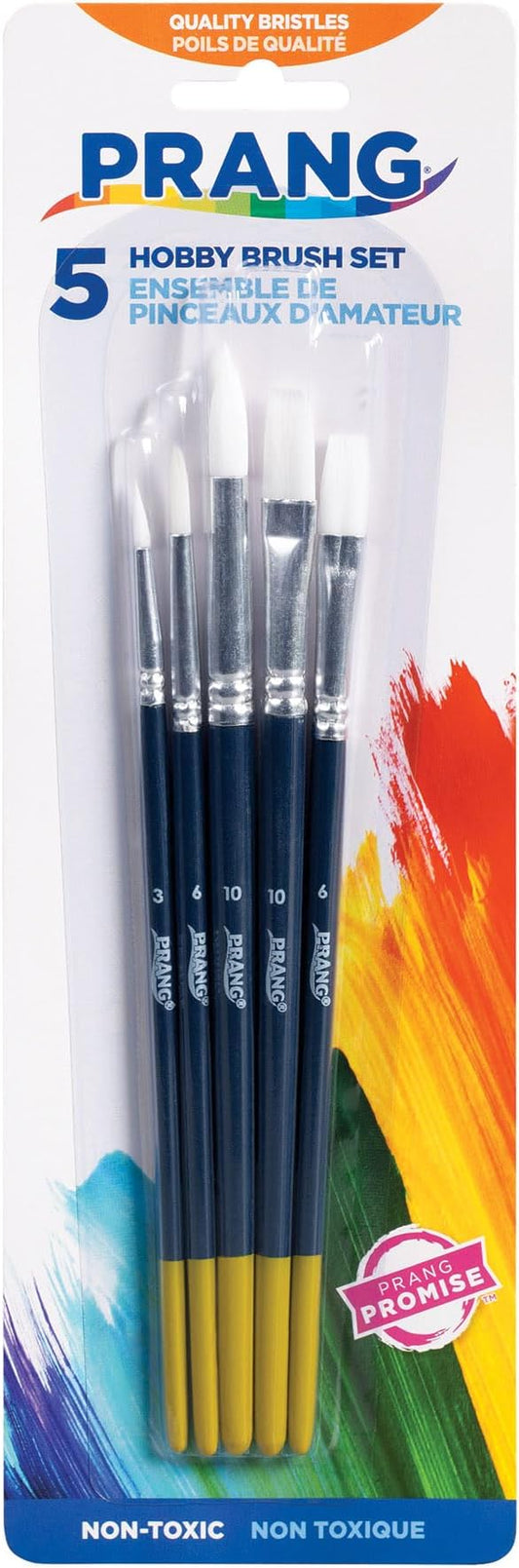 Prang Hobby Five-Brush Set, Assorted Sizes, Natural Hair, Flat; Round Profiles, 5/set