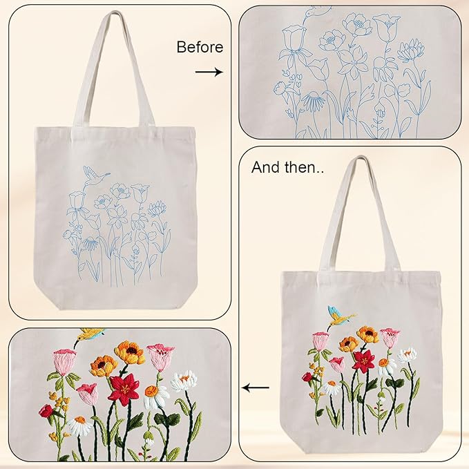louise maelys embroidery kit canvas tote bag for beginners,cross stitch kits for adults,diy crafts needlepoint include hummingbird floral pattern,women shopping reusable grocery bags