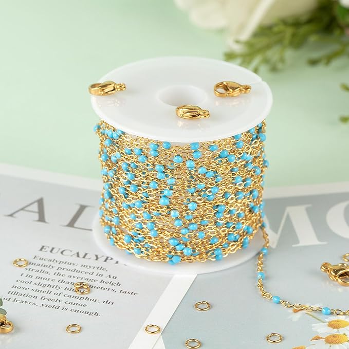 KYUNHOO Light Blue Beaded Chain Spool Gold Plated Jewelry Making Chain Necklace with Lobster Clasps and Jump Rings for Jewelry Crafts DIY Making Finding Supplies