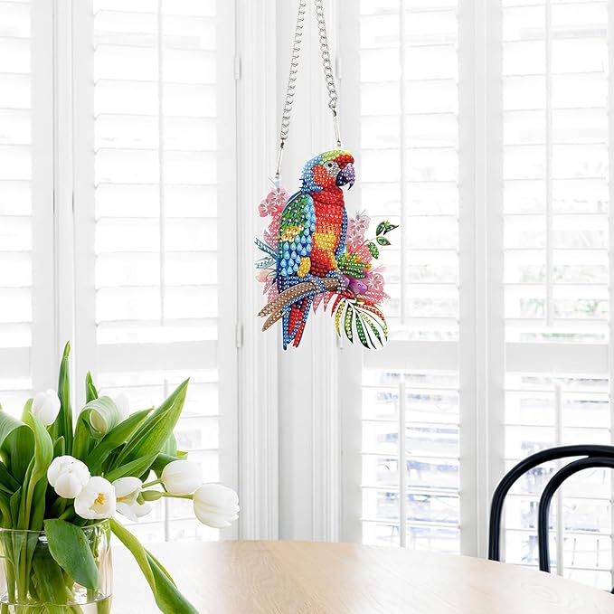 AiYuanzsh Animal Parrot DIY Acrylic Diamond Art Painting Pendant Kits Special Shaped Rhinestone Round Diamond Art Window Pendants Home Garden Wall Hanging Kits Home Wall Decor Gift