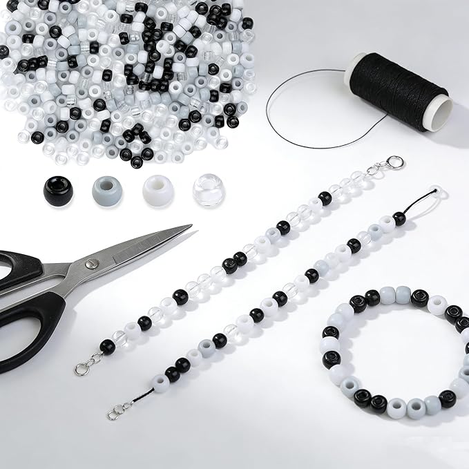 1000pcs Pony Beads, 15 Color Kandi Beads for Bracelets Making Kit, Hair Braids Crafts Jewelry Making Crafts Friendship Necklace Earrings DIY (Black, White, Gray Mixed Color)