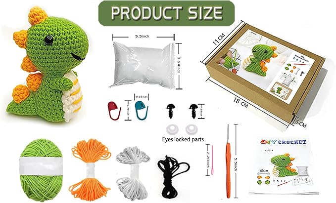 Kaaper Crochet Kit for Beginners for Adults, Learn to Dinosaur Crochet Kit, Crochet Animal Kit Starter Knitting with Step-by-Step Video (Green Dinosaur)