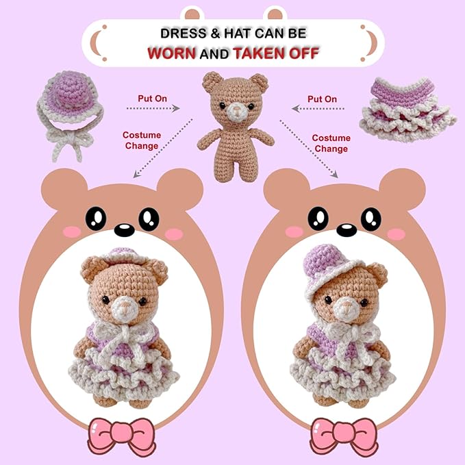 LoopMap Amigurumi Crochet Kit for Beginners with Removable Dress & Video Tutorials, DIY Bear Making Kit Includes Premium Yarn & Tools, Creative Gift for Adults Teens (Purple)